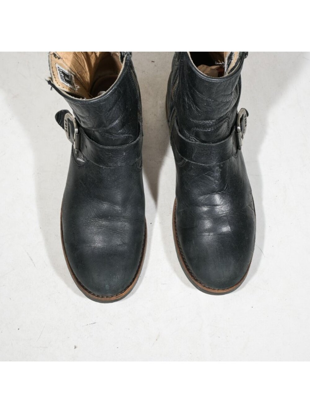 Frye Vicky Engineer Moto Ankle Boots Black Leather Double Buckle Inside Zip 8 - Picture 5 of 8